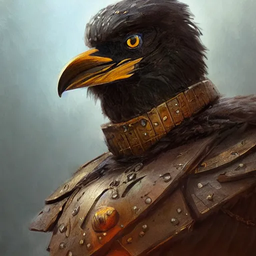 Prompt: detailed portrait of an ancient crow dressed with a wooden armor, by justin gerard and greg rutkowski, digital art, realistic painting, dnd, dungeons & dragons, character design, trending on artstation