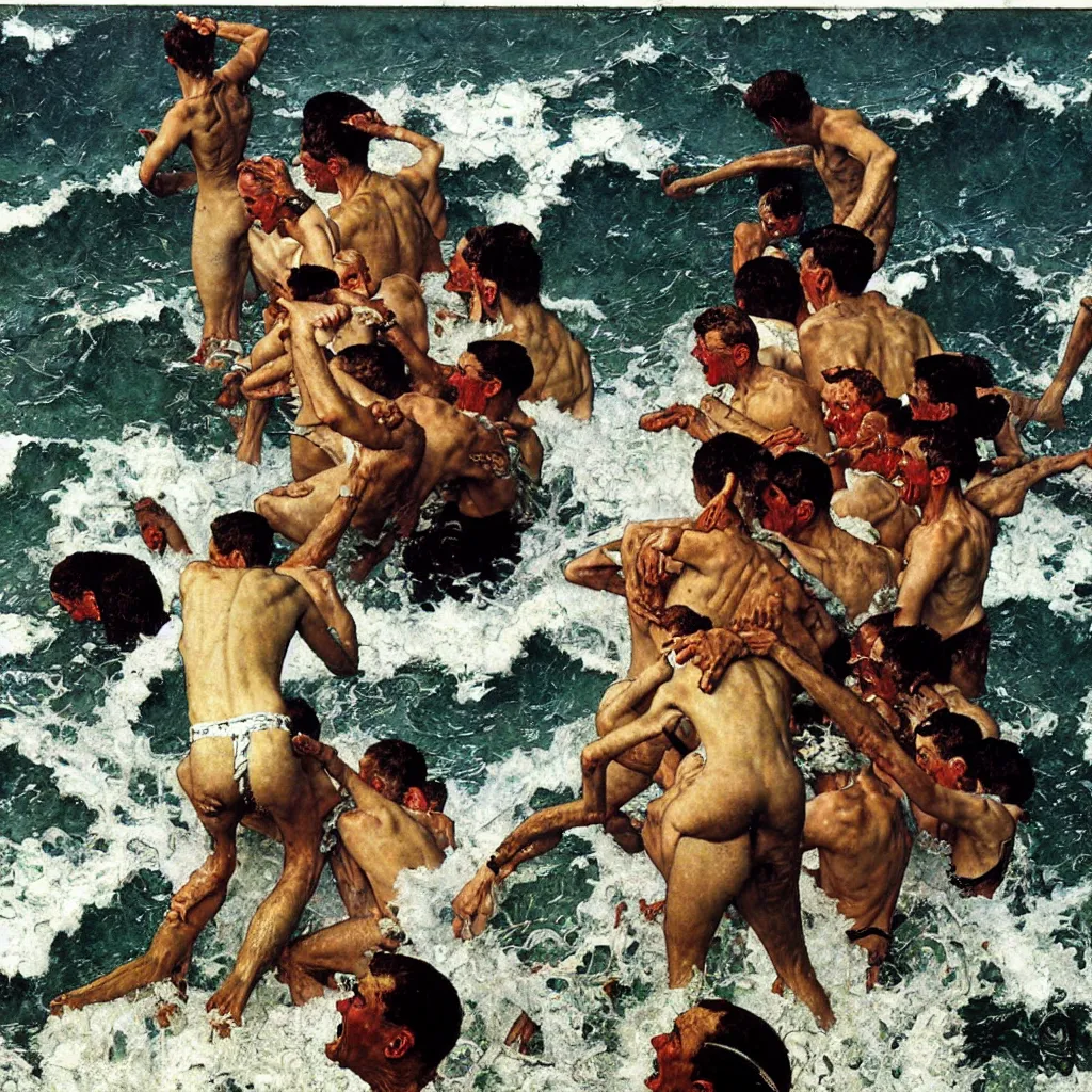 Image similar to the pandemonium of the sea becomes the man, oil on canvas, by norman rockwell