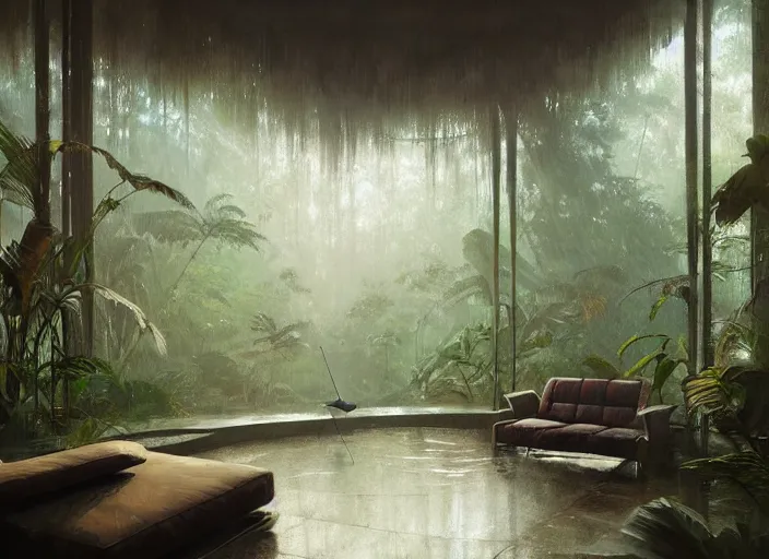 Image similar to a beautiful painting of the interior of a geodesic house in a moist tropical rainforest, living room, by greg rutkowski, realism, artstation, nature