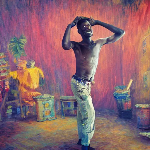 Image similar to east african man dancing inside a large photography studio by himself, intricate details, impressionist painting, figurative painting, happy, dreamy, pastel colors, studio ghibli