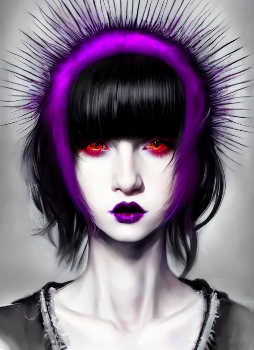 Image similar to portrait of white teenage girl, normal face, black bangs, mall goth, cyberlox, black and white hair, bangs, fluffy bangs, red contacts, purple lipstick, intricate, elegant, highly detailed, digital painting, artstation, concept art, sharp focus, smooth, illustration, art by wlop, mars ravelo and greg rutkowski