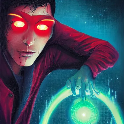 Image similar to portrait of a skinny dark haired young man with a scar across his left eye wearing a red suit as an epic idea, high detail, concept art, neon color, vivid color, floating particles, glowing green eyes, spiral smoke, background by john harris + roger dean, artwork by charlie bowater + artgerm + anato finnstark