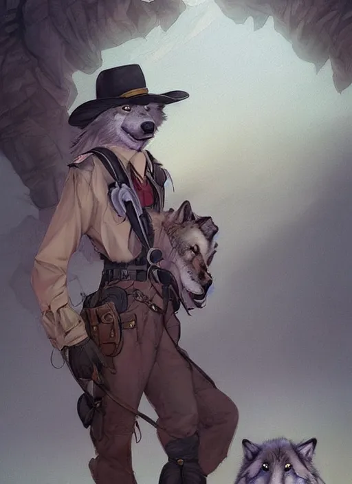 Image similar to beautiful portrait commission of a male furry anthro timber wolf wearing old-timey Sherriff's clothes with suspenders in an old-timey desert town. Atmospheric. Character design by charlie bowater, ross tran, artgerm, and makoto shinkai, detailed, inked, western comic book art