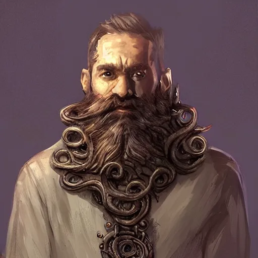 Prompt: A portrait of a cleric of Cthulu with short dark hair and a trimmed beard, he wears a cubic sandstone pendent around his neck, as dark magic emanates from his necklace tentacles spur from the water, digital art by Ruan Jia