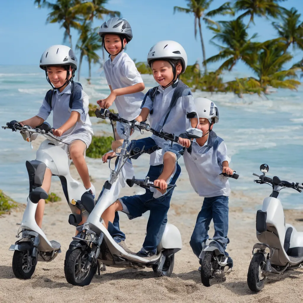 Image similar to very detailed stockphoto of two kids wearing a grey school uniform riding a scooter along the beach