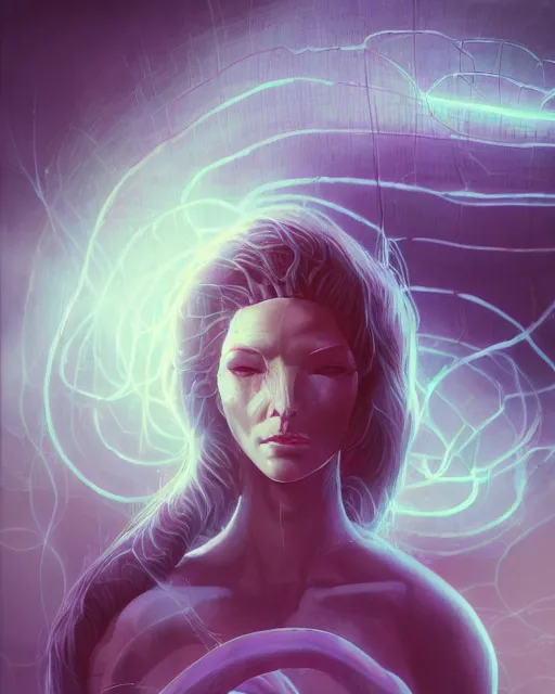 Prompt: muted, minimal, a cyberpunk close up portrait of cyborg medusa, electricity, snakes in hair, sparks, bokeh, soft focus, skin tones, warm, sky blue, daylight, by paul lehr, jesper ejsing