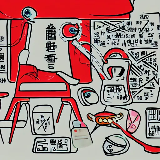 Prompt: chinese surgery operating table, in the style of daniel johnston and outsider art art brut, 8k, line brush, minimal, hard lines, overlaid with traditional chinese adverts