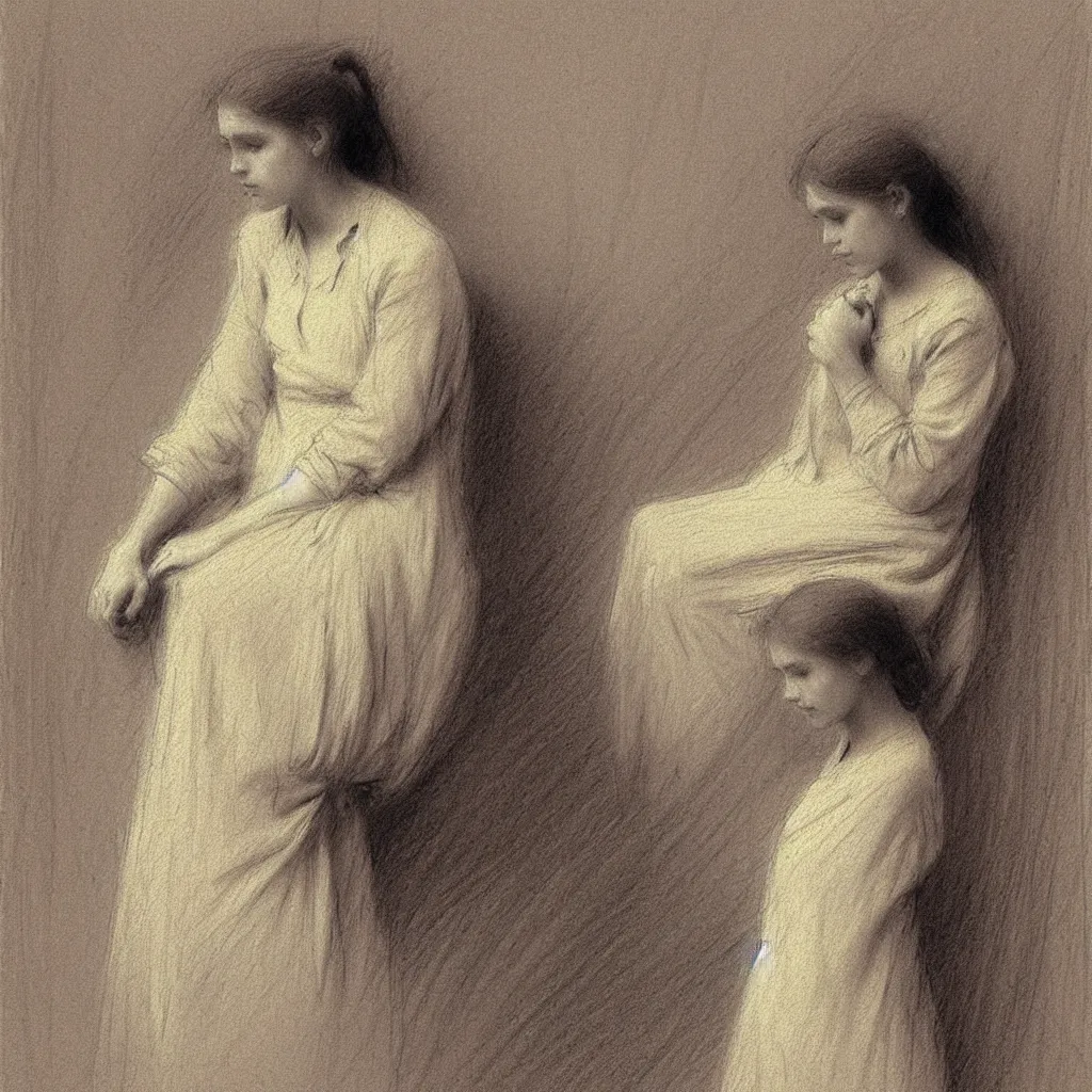 Image similar to a lonely girl by ilya repin. pencil sketch.