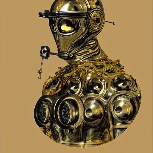 Image similar to a portrait of a shiny metallic renaissance steampunk robot, in the style of Jan van Eyck,