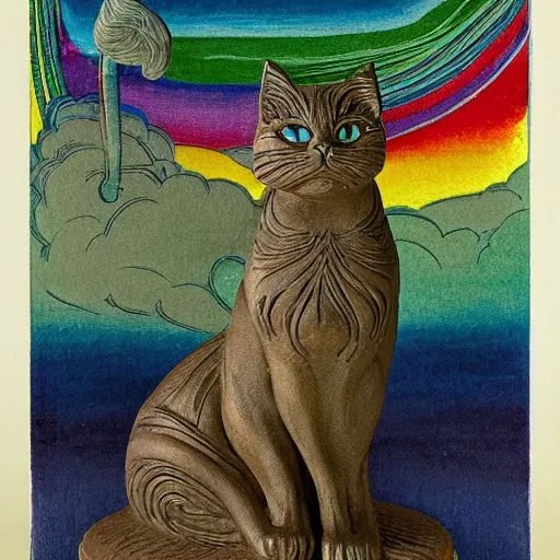 Prompt: clay model statue flowing rainbow cat by susan herbert and hiroshige ii and theophile steinlen and louis wain and min zhen and arthur rackham and pierre bonnard and bonnie mclean and wes wilson, 8 k, artstation