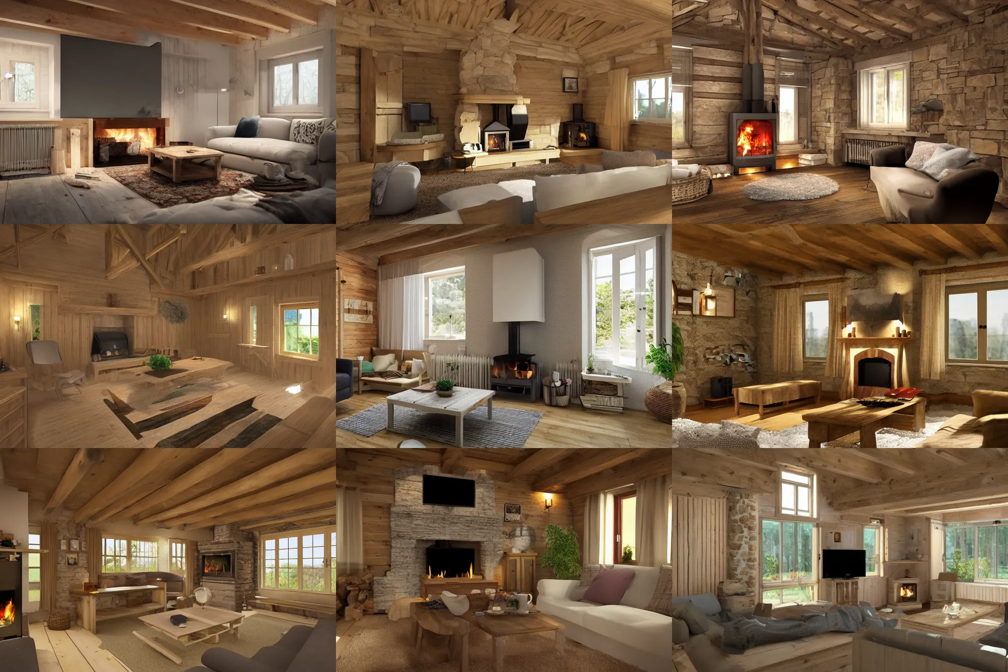 Prompt: wooden cosy cottage livingroom, datacentre, fireplace, concept art