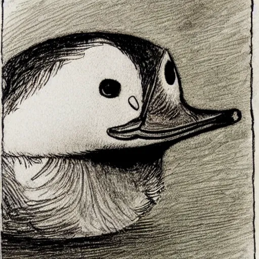 Image similar to cute duck detailed micron drawing illustrated by stephen gammell, maurice sendak, graham ingels