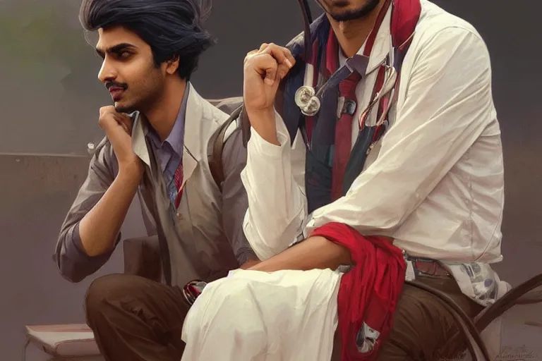 Image similar to Anxious good looking pale young Indian doctors wearing American clothes outside a hospital, portrait, elegant, intricate, digital painting, artstation, concept art, smooth, sharp focus, illustration, art by artgerm and greg rutkowski and alphonse mucha