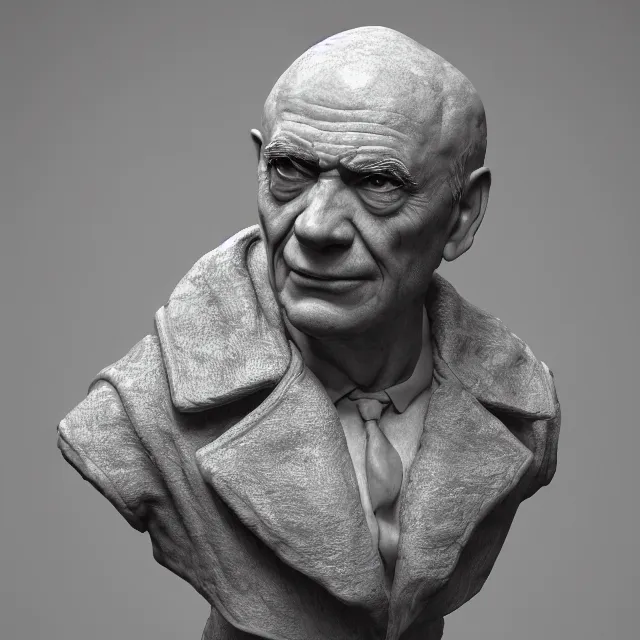 Prompt: photography of a bust of old Mark Margolis made of clay by Sebastian Kruger and Michelangelo, 50mm, studio atmosphere, 8K, rim light, octane render, ultra-realistic