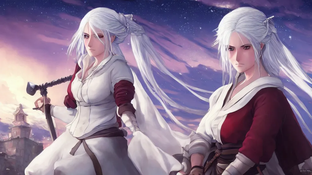 Image similar to anime portrait of ciri from the witcher dressed as a bride, in the background you can see the milky way. official art, key visual, studio lightning, very detailed bd cover, Studio Ghibli