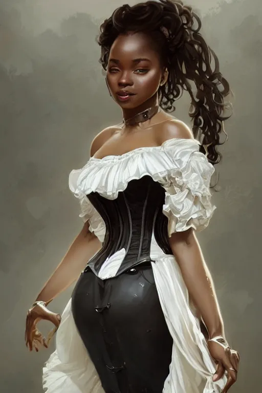 Image similar to cute black woman wearing a white corset dress, fantasy, intricate, highly detailed, digital painting, artstation, concept art, wallpaper, smooth, sharp focus, illustration, art by artgerm and greg rutkowski and alphonse mucha