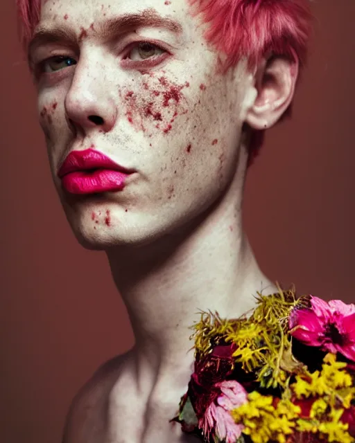 Image similar to !dream Portrait of an androgynous man, close-up, high sharpness, zeiss lens, fashion photo shoot, flowers, pink hair, freckles, Red lipstick, on metal background, Annie Leibovitz and Steve McCurry, David Lazar, Jimmy Nelsson, artistic, hyper-realistic, beautiful face, octane rendering