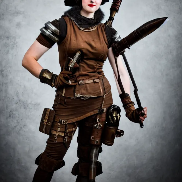 Image similar to full length photo of a very beautiful female dieselpunk warrior, 8 k, hdr, smooth, sharp focus, high resolution, award - winning photo