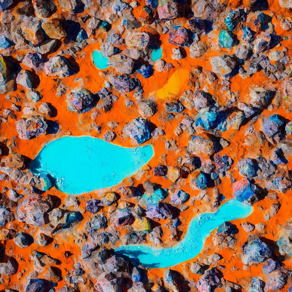 Prompt: bismuth boulders, orange sand desert with colorful pools of bright milky paint, birds eye view