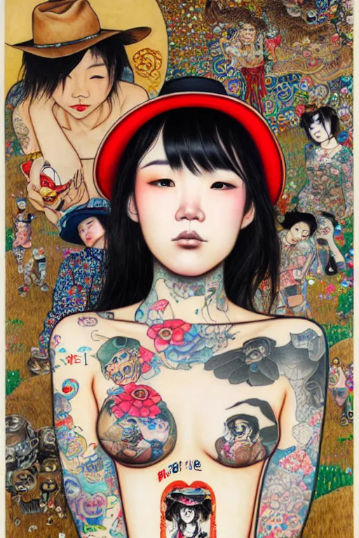 Image similar to full view of taiwanese girl with tattoos, wearing a cowboy hat, style of yoshii chie and hikari shimoda and martine johanna and and gustav klimt and will eisner, highly detailed