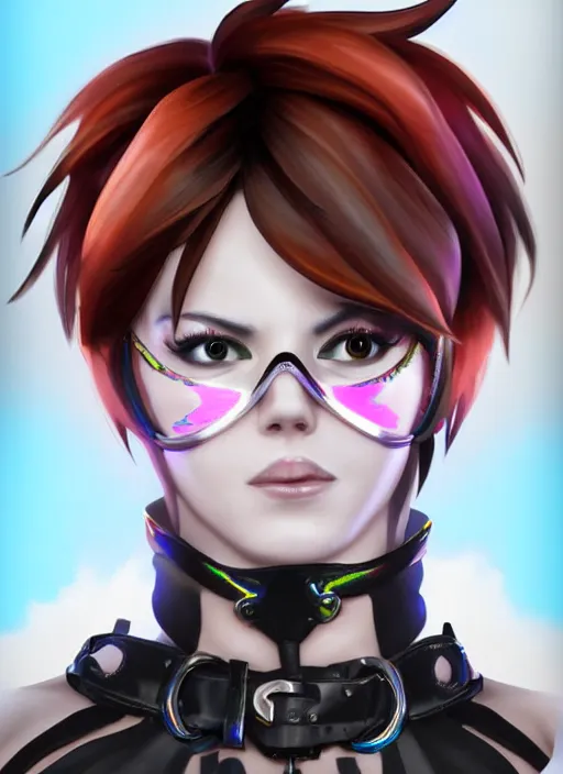 Image similar to portrait bust digital artwork of tracer overwatch, wearing black iridescent rainbow latex and leather outfit, 4 k, expressive happy smug expression, makeup, in style of mark arian, angel wings, wearing detailed black leather collar, chains, black leather harness, detailed face and eyes,