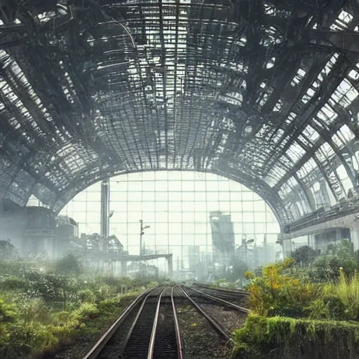 Image similar to lost beautiful overgrown city futuristic fantasy mixed with polluted industrial city airport and train station