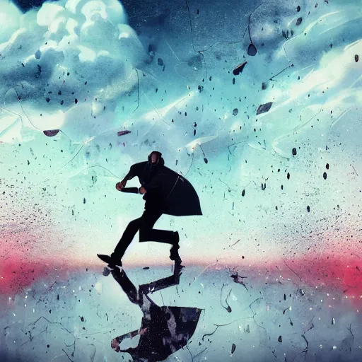 Prompt: man hitting the ground creating a explosion, anime, album cover, rain