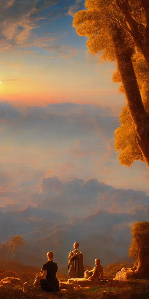 Image similar to symmetry!! god overlooking a surreal landscape of a dream, lucid dream, people, very detailed, serene, peaceful, golden hour, perfect lighting, perfect composition, digital art, illustration, frederic edwin church, tom white, 4 k