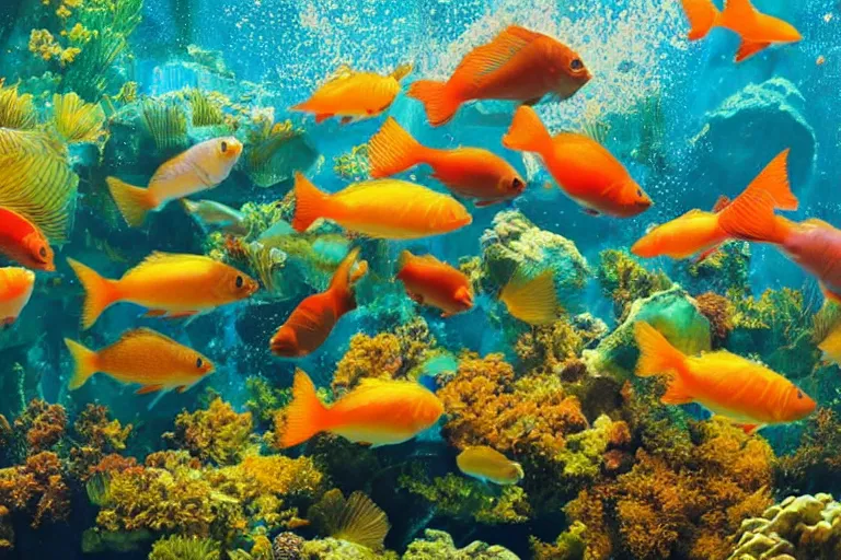 Prompt: ultra realistic underwater photography, panoramic picture of a river with ( subject : one very big exotic brightly coloured fish ). lots of bubbles. wavy, scattered light entering from the water surface, artstation, focus on the fish, extremely hyperrealistic crisply sharp fish, 8 k