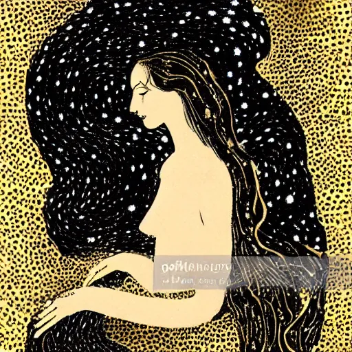 Prompt: A beautiful computer art of a woman with long flowing hair, wild animals, and a dark, starry night sky. snakeskin by Jean-Louis Forain