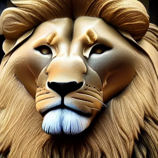 Image similar to beautiful portrait commission of a lion ice statue on display, detailed face , hyperdetailed, detailed photograph, award winning photo