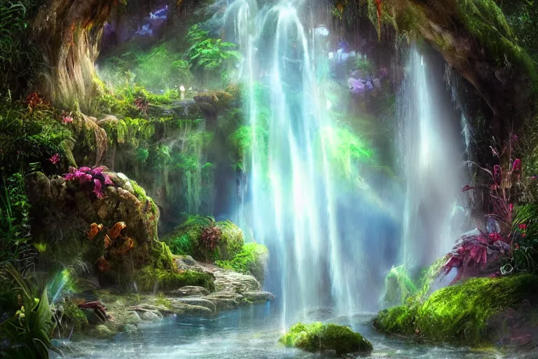 Image similar to a fantasy enchanted waterfall. cinematic lighting. photorealism.