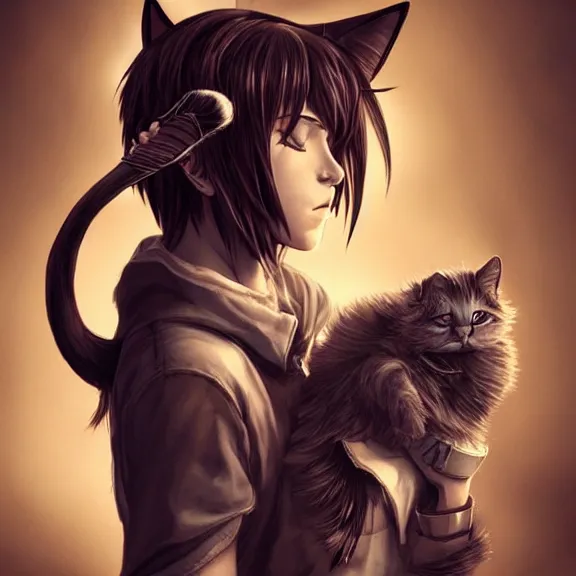 Prompt: emo boy with cat ears and tail, fantasy artwork, award winning, hyper detailed, very very very beautiful!, studio lighting, artstation