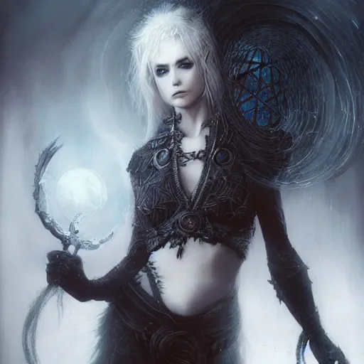 Image similar to kerli koiv, celtic witch, darkwave, darksynth, character portrait, sharp, digital matte painting, art by luis royo, greg rutkowski, wlop, dramatic lighting, trending on artstation