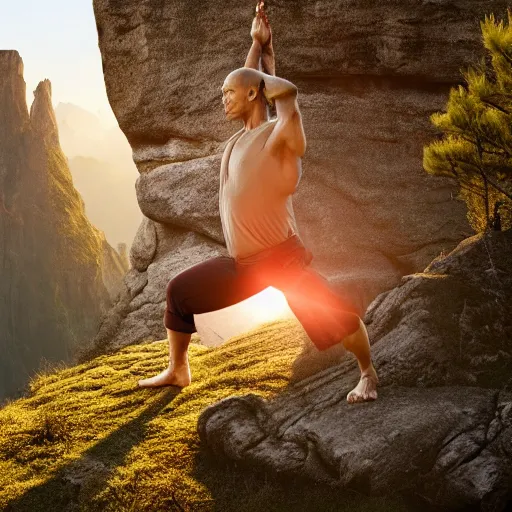 Image similar to full body composition of yoda practicing yoga on the top of a mountain during sunrise, movie still, 4k