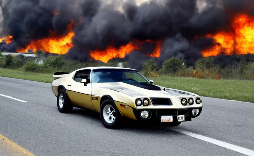 Image similar to a black 1 9 7 3 pontiac firebird trans am sd - 4 5 5 driving high speed, fire explosion in the background, action scen. realistic. dramatic