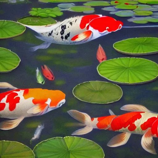 Image similar to seven koi fish in a pond with lily pads