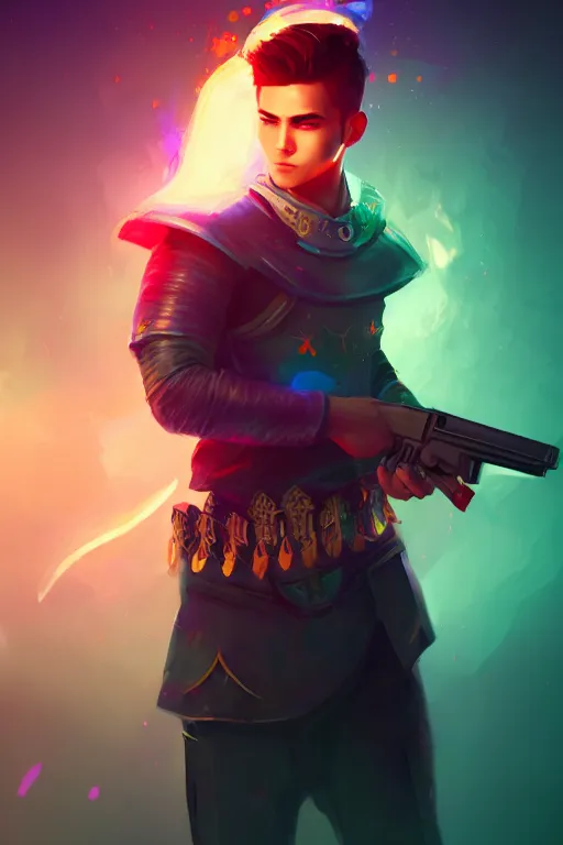 Prompt: a handsome young warrior with a gun in his hand, blurred environment background, colorful magic effects, white skin, portrait, male, clothed, sharp focus, digital art, concept art, trending on artstation, dynamic lighting, by emylie boivin and rossdraws