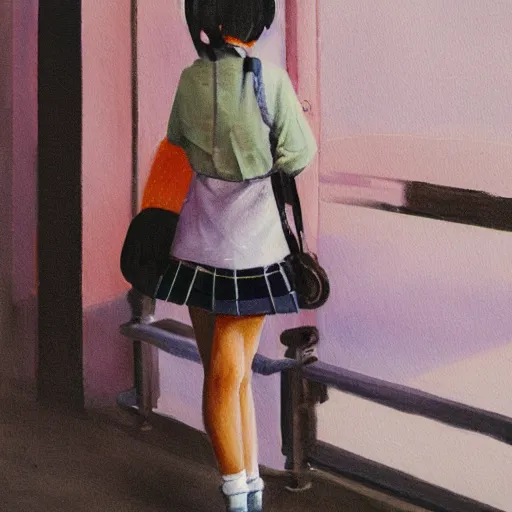 Image similar to a painting of Japanese schoolgirl, clothed, kodak portra and instagram