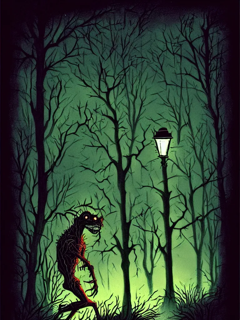 Image similar to Full Color Vintage Horror Illustration of a Creature Coming out of the bushes at night. Streetlight Glowing , Spooky lighting , Pinterest