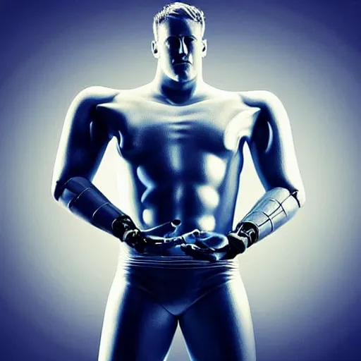 Image similar to “a realistic detailed photo of a guy who is an attractive humanoid who is half robot and half humanoid, who is a male android, football player JJ Watt, shiny skin, posing like a statue, blank stare”