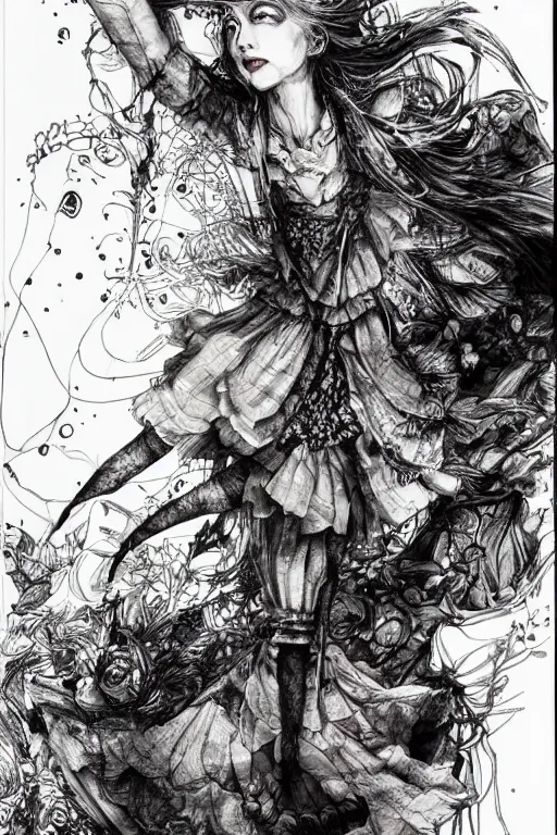 Prompt: We're all mad here Alice, Alice in wonderland, twisted, insanity, pen and ink, intricate line drawings, by Yoshitaka Amano, Ruan Jia, Kentaro Miura, Artgerm, watercolor