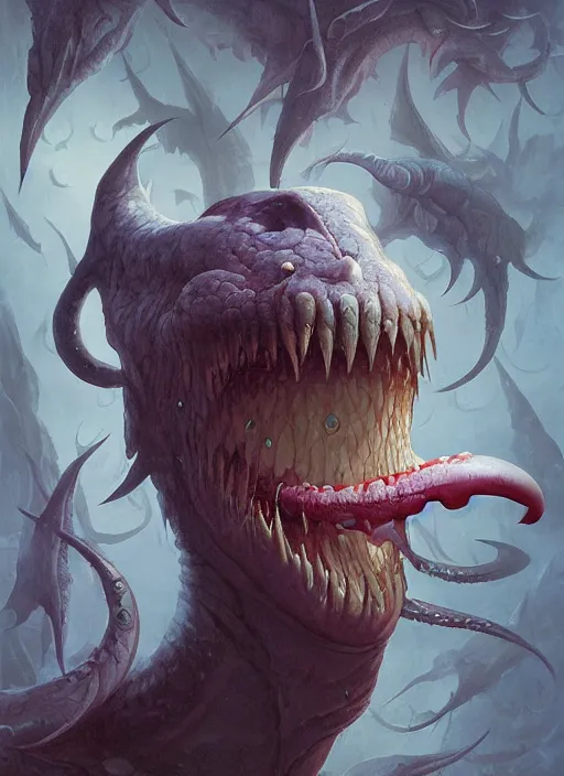 Prompt: a vampire!!!! with a sea lamprey!!!! mouth!!!, in the styles of ( national geographic ), peter mohrbacher, gerald brom, and marc simonetti, intricate, hyperrealistic, volumetric lighting