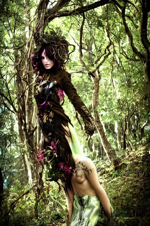 Image similar to fantasy mystical forestfolk cyberpunk dryad fashion zine photography