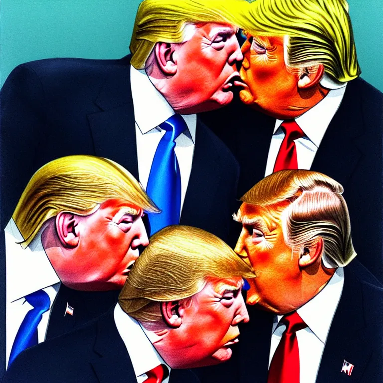 Prompt: putin and trump ftaternal kiss, art by dmitri vrubel