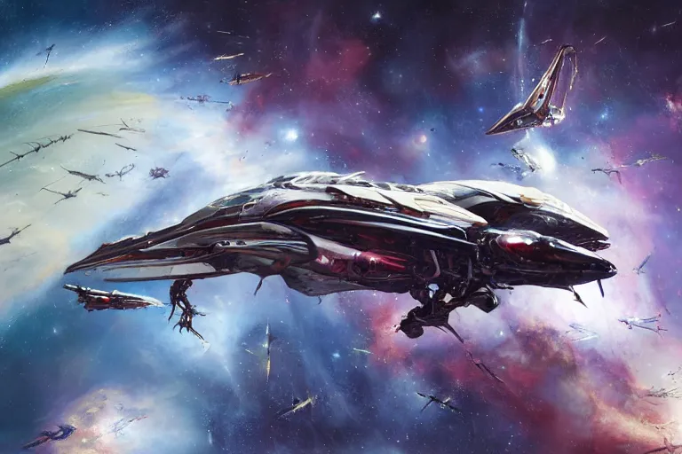 Prompt: space nebula by raymond swanland, framing a pteranodon battlecruiser, with white kanji insignias, sleek, white john berkey panels, wine red trim, spines and towers, rows of windows lit internally, sensor array, blazing engines, robotech styling, boeing concept art, cinematic lighting by liam wong