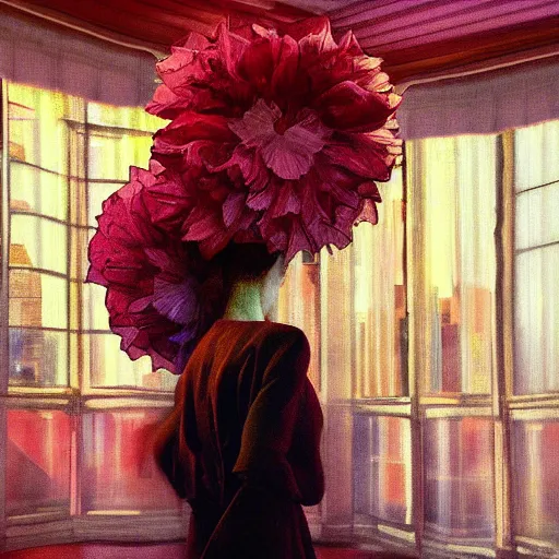 Image similar to giant flower under head, woman next to modern windows, luxury apartment, surreal photography, dramatic light, impressionist painting, digital painting, artstation, arthur adams