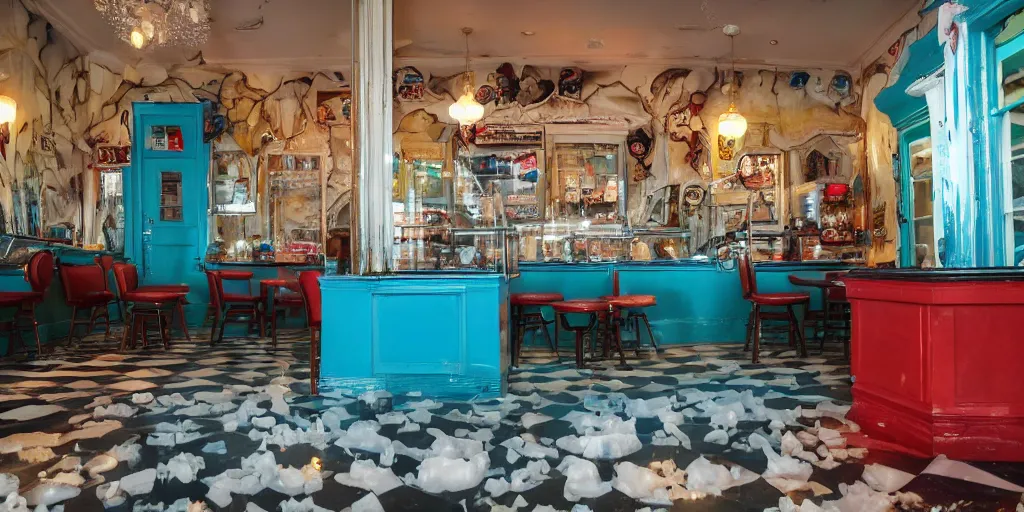 Image similar to inside a leaking freezer of melting ice cream cases is in an old fashioned ice cream parlor. the leak has made a colorful puddle of melted ice cream on the floor and is reminiscent to the shape of werewolf fangs. there is an eerie voluminous blue electric glow to the environment.