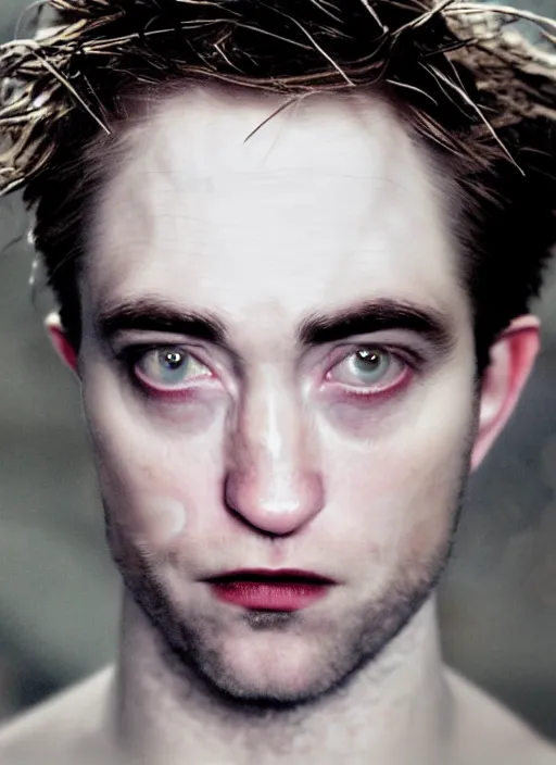 Image similar to scary shot of the sandman with pale skin and black messy hair, robert pattinson, looking back at camera in godlike and villainous way, while eyes shine like white stars above, haunting face, female face, oil painting