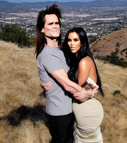 Prompt: jim carrey hugging kim kardashian as he holds her waist, on a scenic hill